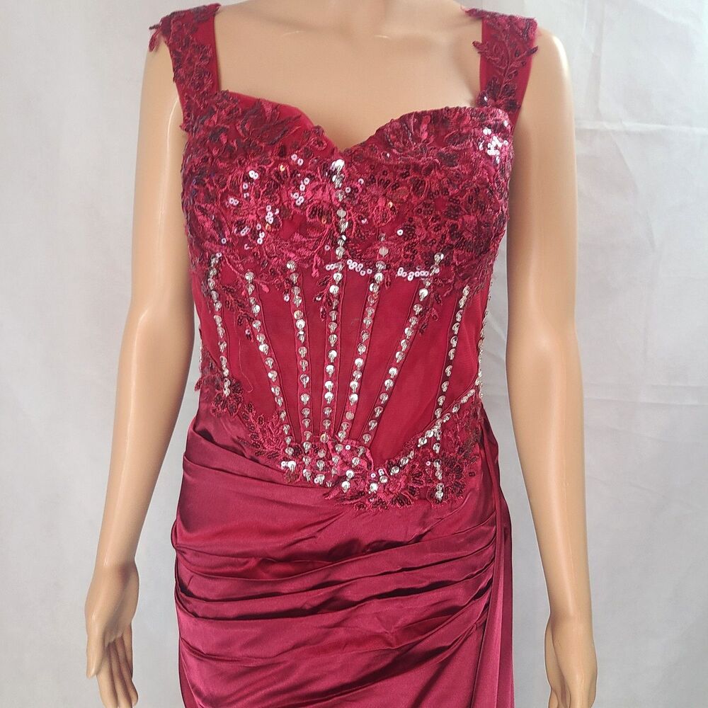New Prom (18W) Burgundy Lace/Satin Sequin Off Shoulder Rouched High Slit Dress - Picture 3 of 14